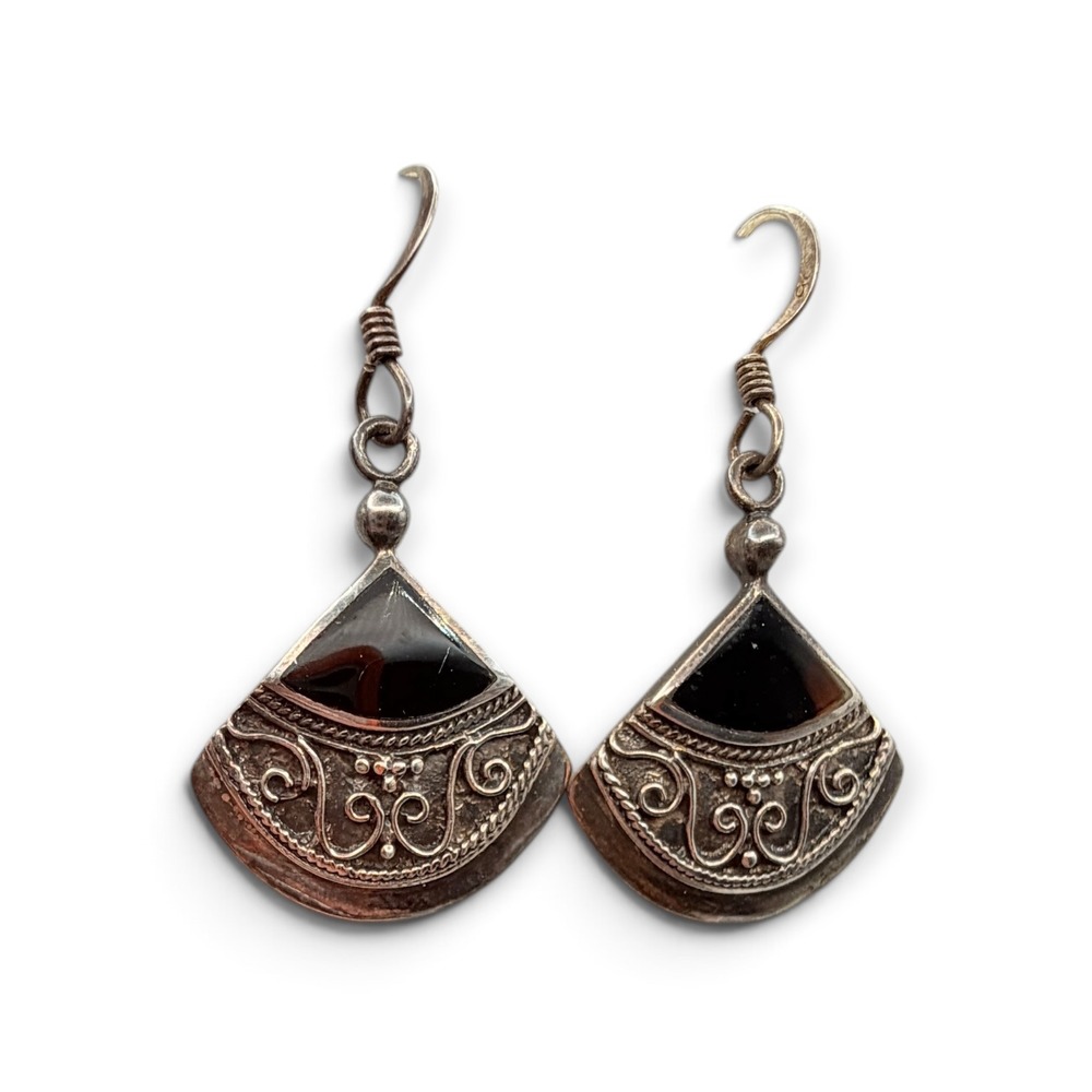 Vintage 925 Sterling Silver Onyx Fan Drop Earrings Women Boho Filigree